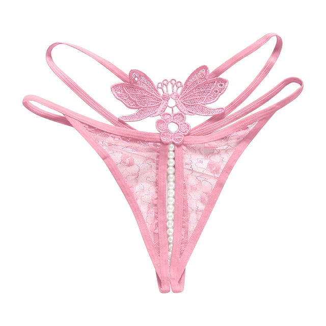 Culotte String Ouvert Taille Basse Transparente avec Dentelle et Perles pour Massage