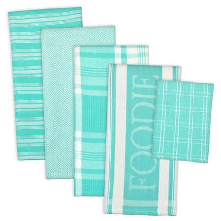 5pc Cotton Assorted Foodie Dishtowel and Dishcloth Set Teal - Design Imports
