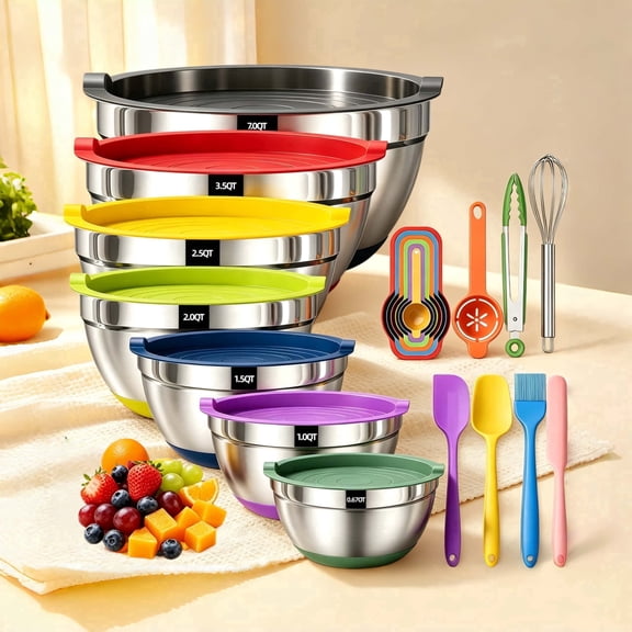 BanBers 20-piece sealed lid mixing bowls, stainless steel metal set bowls, colorful silicone lids, multi-functional, perfect for mixing, baking, and storage