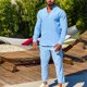 thumbnail image 4 of Traje de manga larga para hombre, cuello alto, cuello en V, informal, cómodo, color puro, camisetas y pantalones de poliéster suave, azul XXL, 4 of 6
