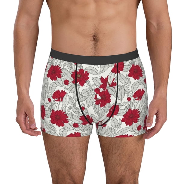 Balery Leaves And Anemone Flowers In Red Grey Calzoncillos bóxer para hombre, ropa interior de algodón suave y transpirable con cinturilla de nailon-Medium