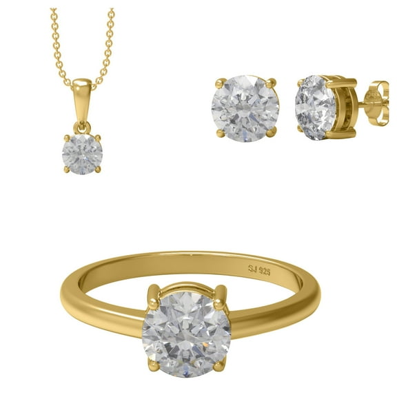 3.00 Ct Round Moissanite Diamond 925 Sterling Silver Gold Vermeil Solitaire Ring Pendant Earring Set