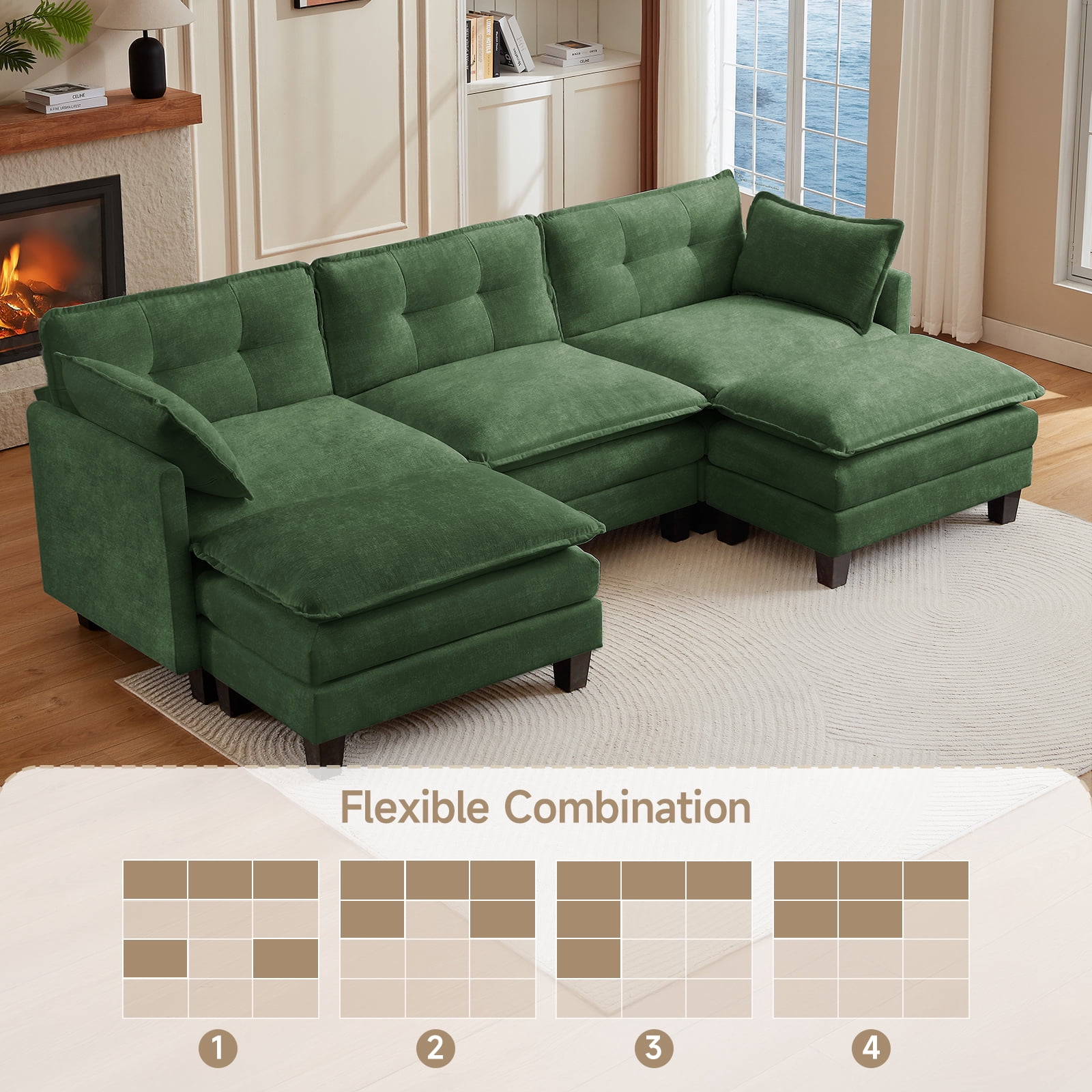 Amsleekey 111.5" Modular Sectional Sofa with 2 Movable Ottomans, U-Shaped Modern Chenille Cloud Couch for Living Room, Comfy Deep Seat Large Daybed, Green