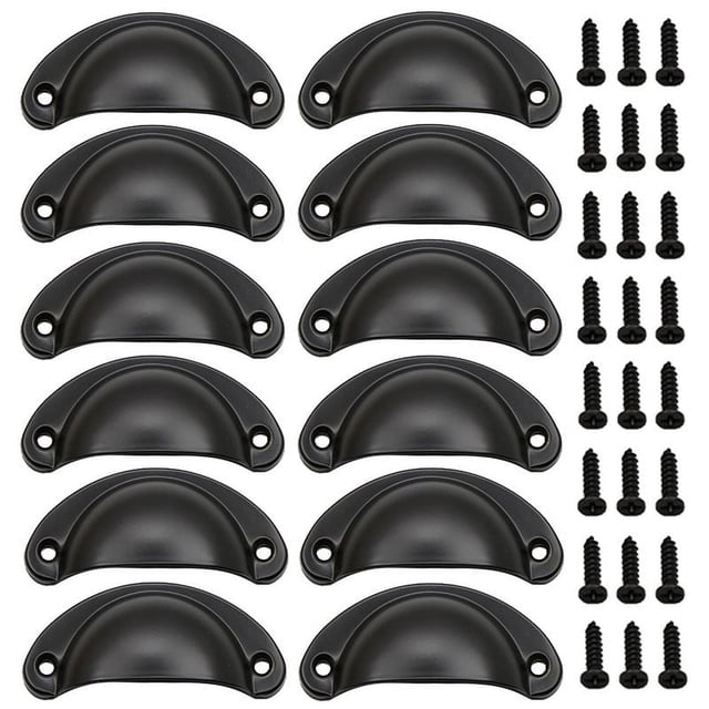 Paquete de 12 tiradores para tazas de gabinete, tiradores para cajones, tiradores para gabinetes antiguos, para decoración de muebles de cocina, con tornillos (negro)