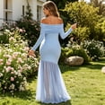 thumbnail image 5 of Jamicy Maternity Maxi Dress Long Sleeve Solid Color Mesh Split Hem Off Shoulder Pregnancy Photography Gown for Baby Shower Photoshoot Party, 5 of 7