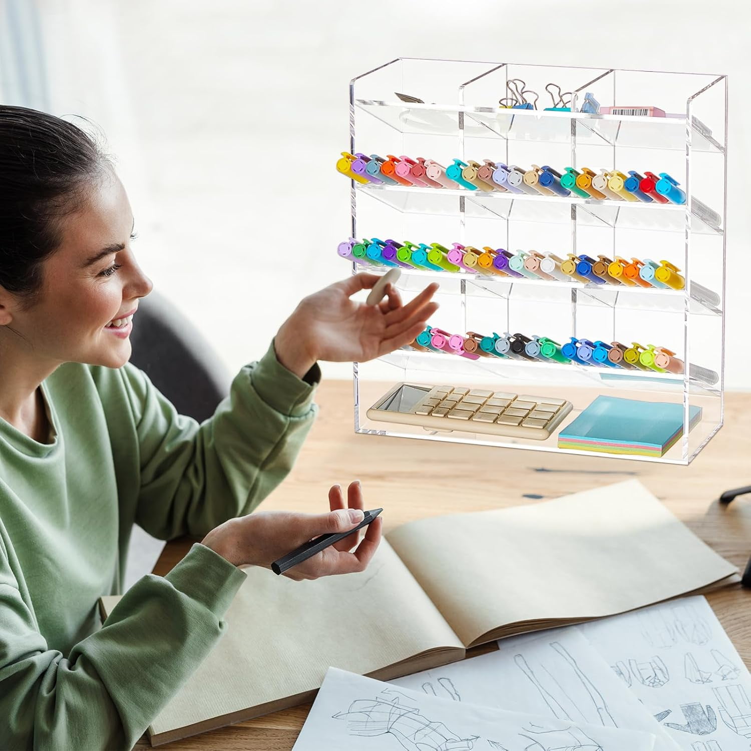 Acrylic Pen Organizer Storage Vertical Marker Organizer Acrylic Pen Display Holder for Office Desk Desktop Stationery Pencil Storage(Clear,10.2 x 4 x 9.8 Inch)