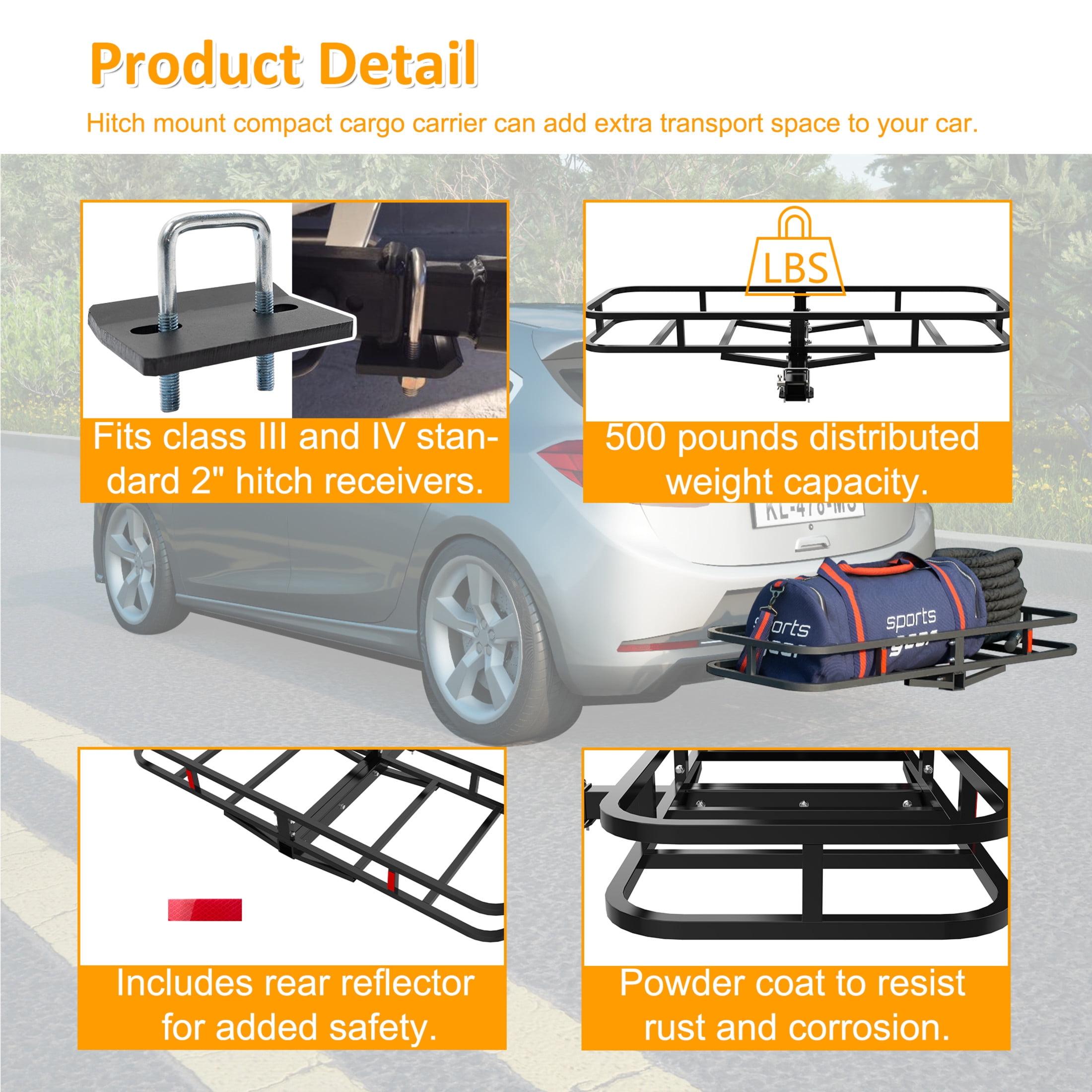 Noble House 51" Heavy-Duty Alloy Steel Cargo Basket with Safety Reflectors, 500 lbs Capacity, Powder-Coated, Black