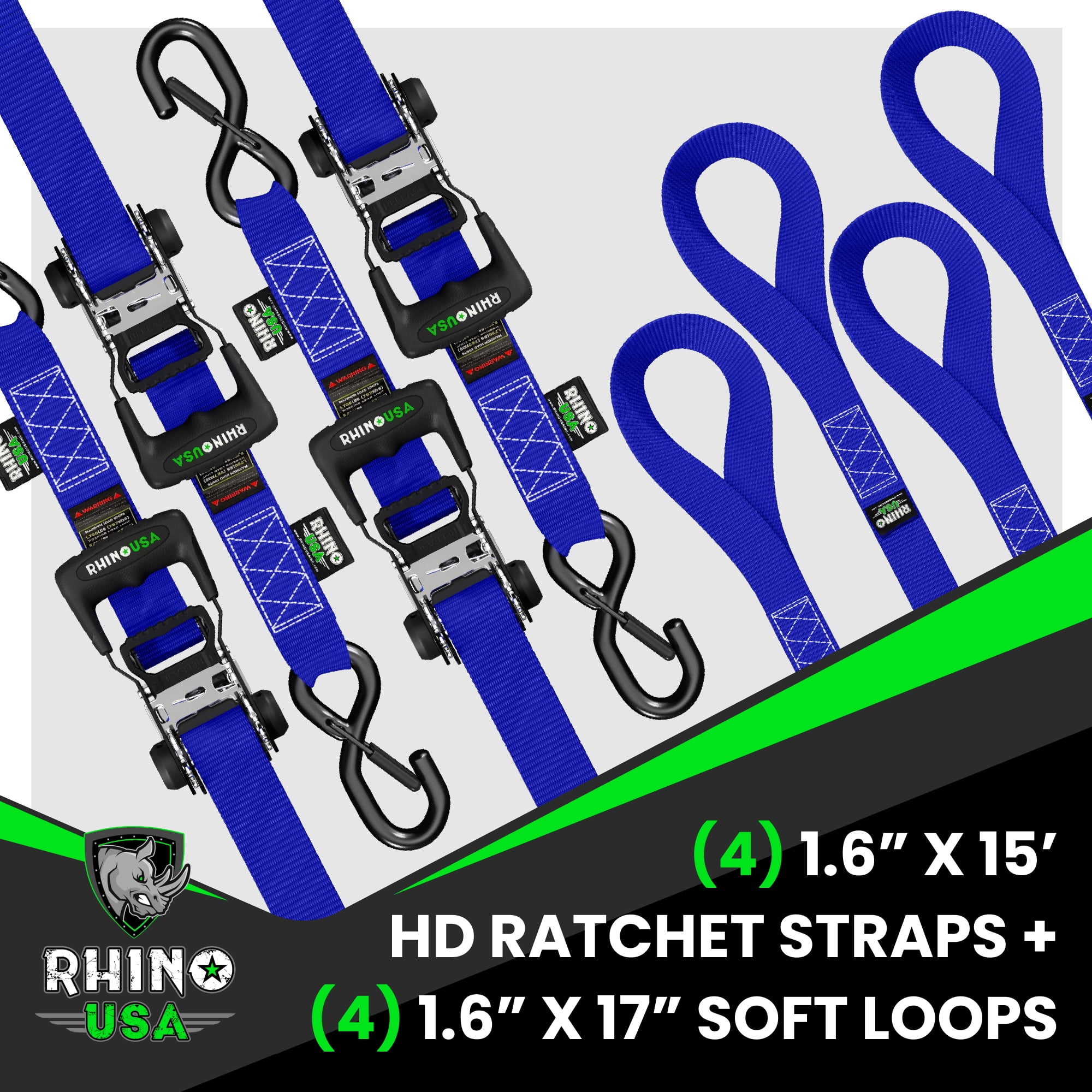 Rhino USA 1.6" x 15' Ratchet Strap Heavy Duty Kit w/ Safety S Hooks - 5,208lb Break Strength (Blue 4pc)