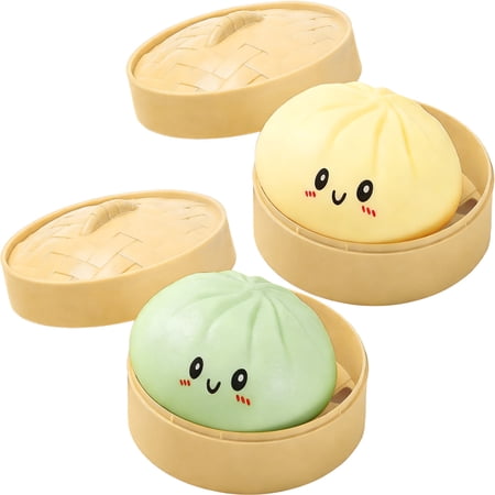 JeashCHAT 2 Pcs Dumpling Stress Balls Gifts Steamed Bun Shaped Sensory Squeeze Toys with Box Soft Slow Rising Decompression Dough for Stress Anxiety Relief Green Yellow