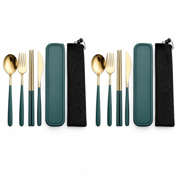 2-Pack Portable Travel Utensils Set with Case, Stainless Steel 4-Piece Reusable Cutlery, Mirror Polished Silverware for Work, School, Camping & Picnic