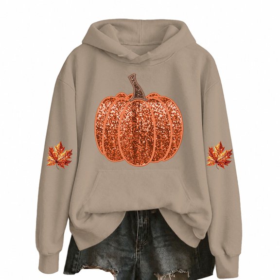 WOYY Pumpkin Hoodie for Girls Lined Long Sleeve Hooded Sweatshirt, Beige, Size 2-14