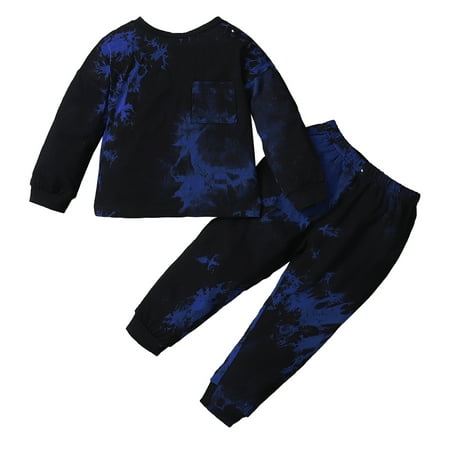 

4T Baby Boys Clothes Baby Boys 2PCS Outfits 4-5T Boys Tie-dyed Long Sleeve Round Neckline Tops Pants Set Dark Blue