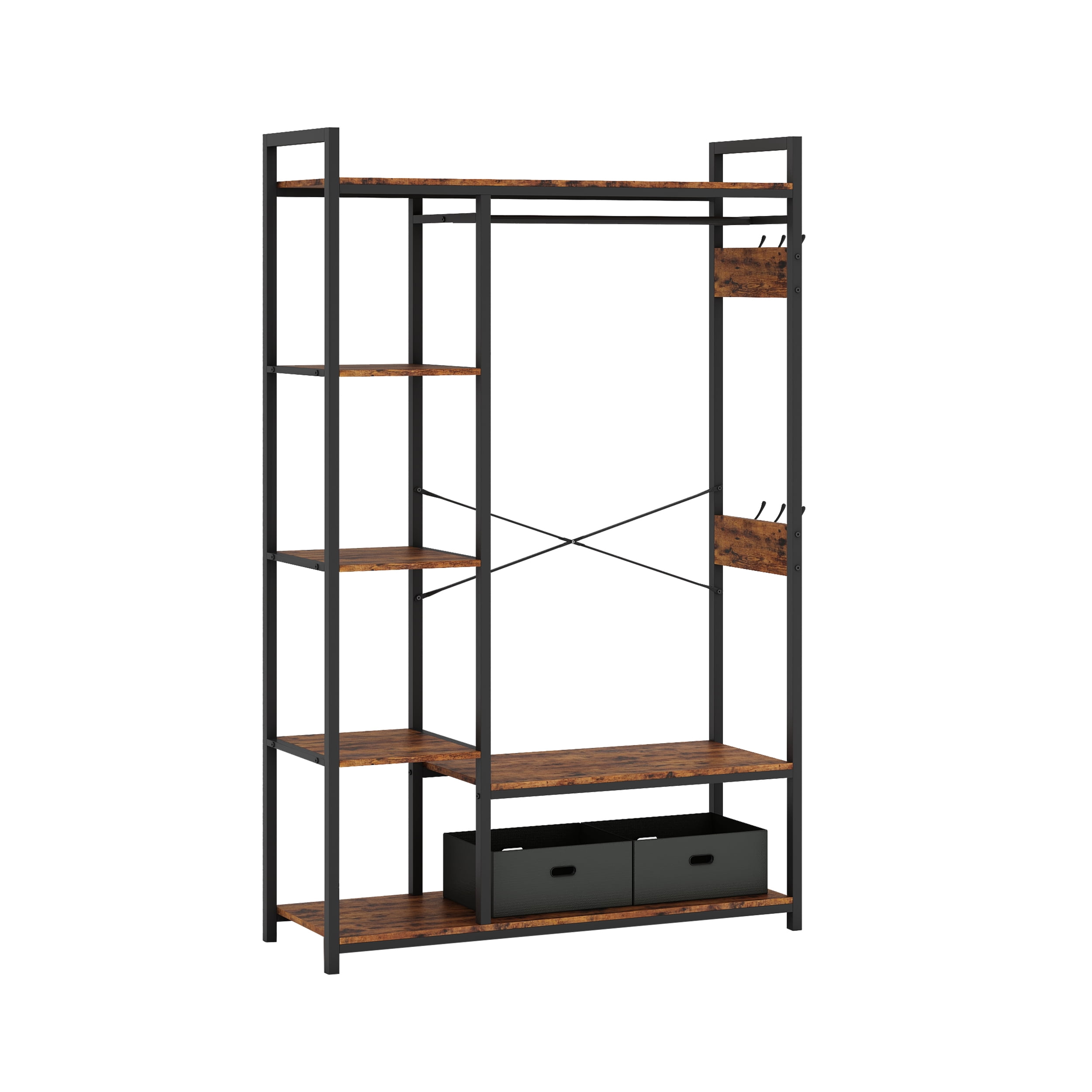 Dropship JHX Free-Standing Closet Organizer With Storage Box & Side Hook;  Portable Garment Rack With 6 Shelves And Hanging Rod; Black Metal  Frame&Rustic Board Finish; Hanging Closet Shelves (Rustic Brown). to Sell