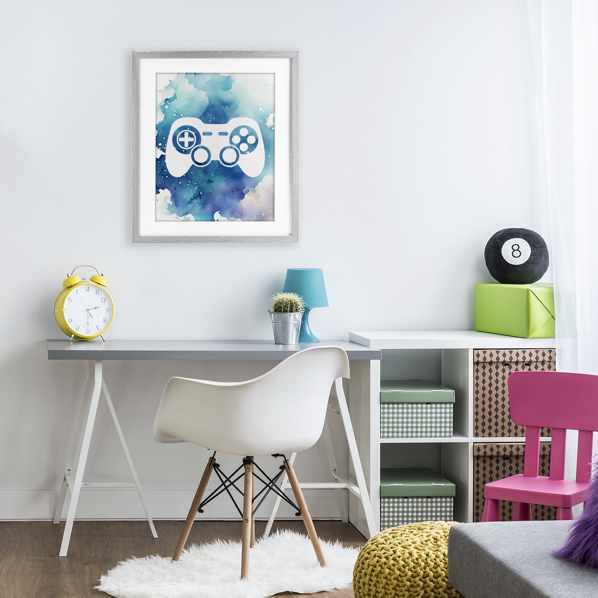 Blue Controller Splatter Gray Framed Print Under Glass, design by Marcus Prime