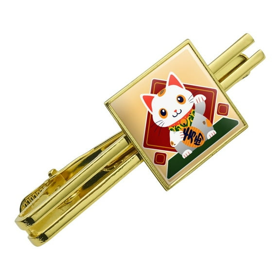 Cute Lucky Cat Maneki-Neko Square Tie Bar Clip Clasp Tack- Silver or Gold