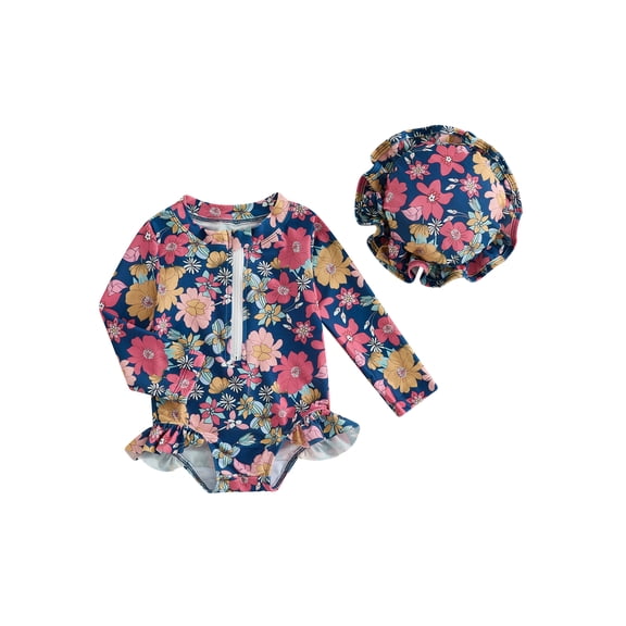 Suealasg Kids Girl One Piece Swimsuits Toddler Girl Long Sleeve Floral Print Rash Guard Swimwear   Sun Hat Baby Girl Summer Bathing Suit Beachwear 0-3 Years