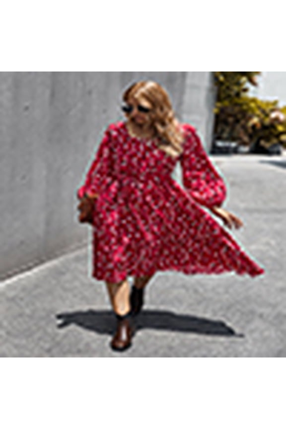 Square Neck Bishop Sleeve Polka Dot Dress for Women Mid Calf Length