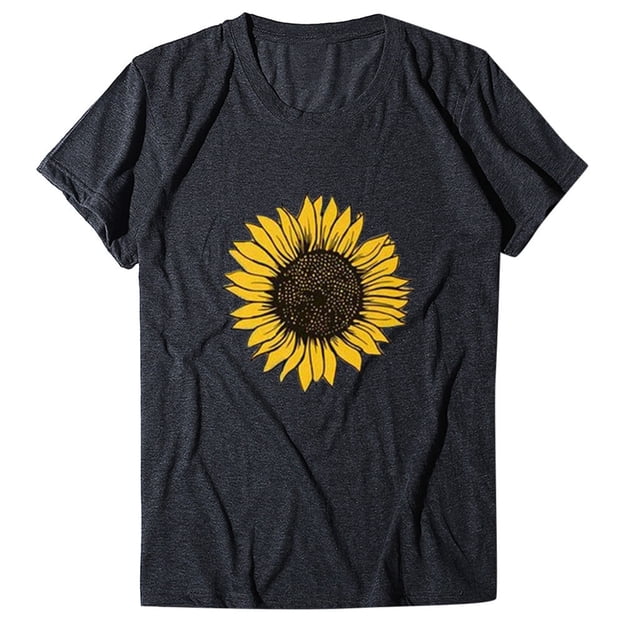 Gibobby Playera de Manga Corta con Cuello Redondo Blusa corta Tops Estampado girasol Cuello Mujer Tallas grandes Camiseta manga larga Blusa redonda para mujer(Gris oscuro,M)