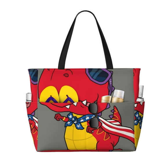 Cauagu Dinosaur Super Hero Cartoon Pattern Women's Large Beach Bag,Waterproof Sandproof Zipper Beach Tote Bag for Pool Gym Grocery Travel with Wet Pocket