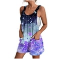 thumbnail image 2 of Summer Tank Top Romper for Women Casual Floral Print Short Jumpsuit with Pocket Tie Shoulder One Piece Workout Overalls, Purple, M, 2 of 6