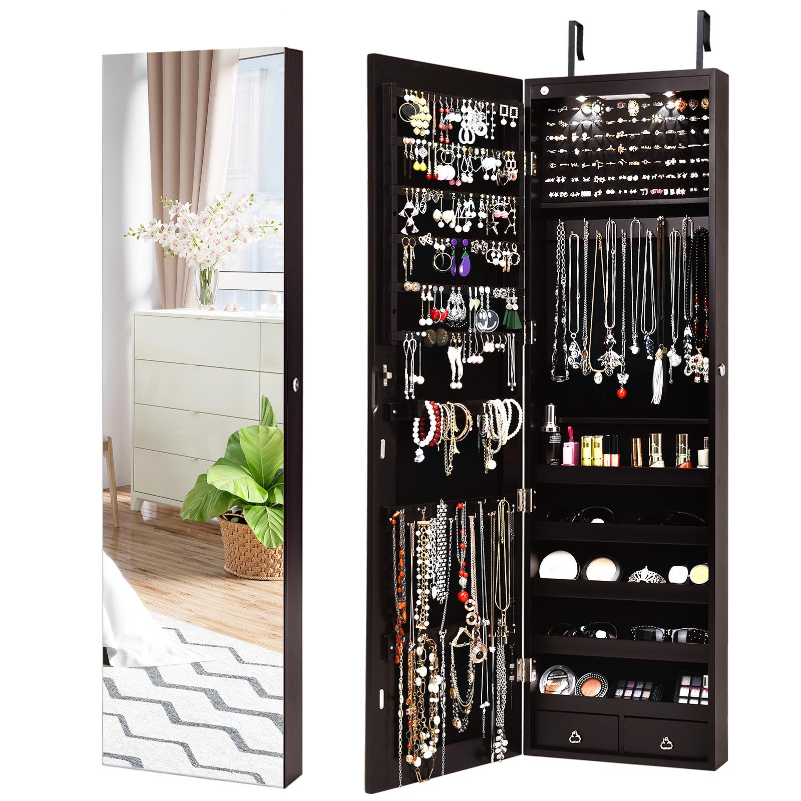 Giantex Jewelry Armoire Wall Door Mounted, Full Screen Jewelry Cabinet for  Bedroom, Lockable Jewelry Cabinet with LED Lights and Frameless Mirror,  Scarf Rod, 36 Hooks, Makeup Pouch (Black) Walmart Canada