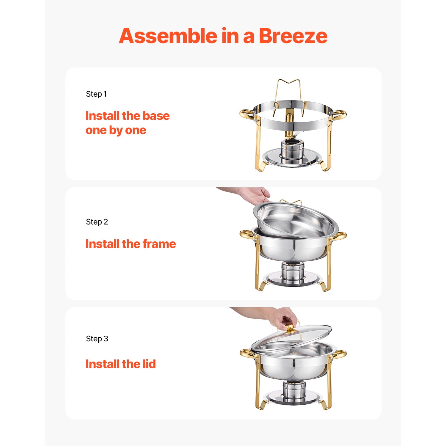 KFFKFF Dual Pack Buffet Service Set, 5 Qt Capacity, Constructed from Stainless Steel, Includes 4 Full-Size Pans, Round Food Heater with Glass Lid, Water Tray, Foldable Stand and Fuel Holder