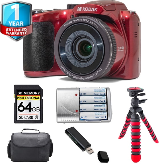 Kodak PIXPRO AZ255 Digital Camera (Red) Extra Battery Tripod 1 Yr Warranty -64GB Kit