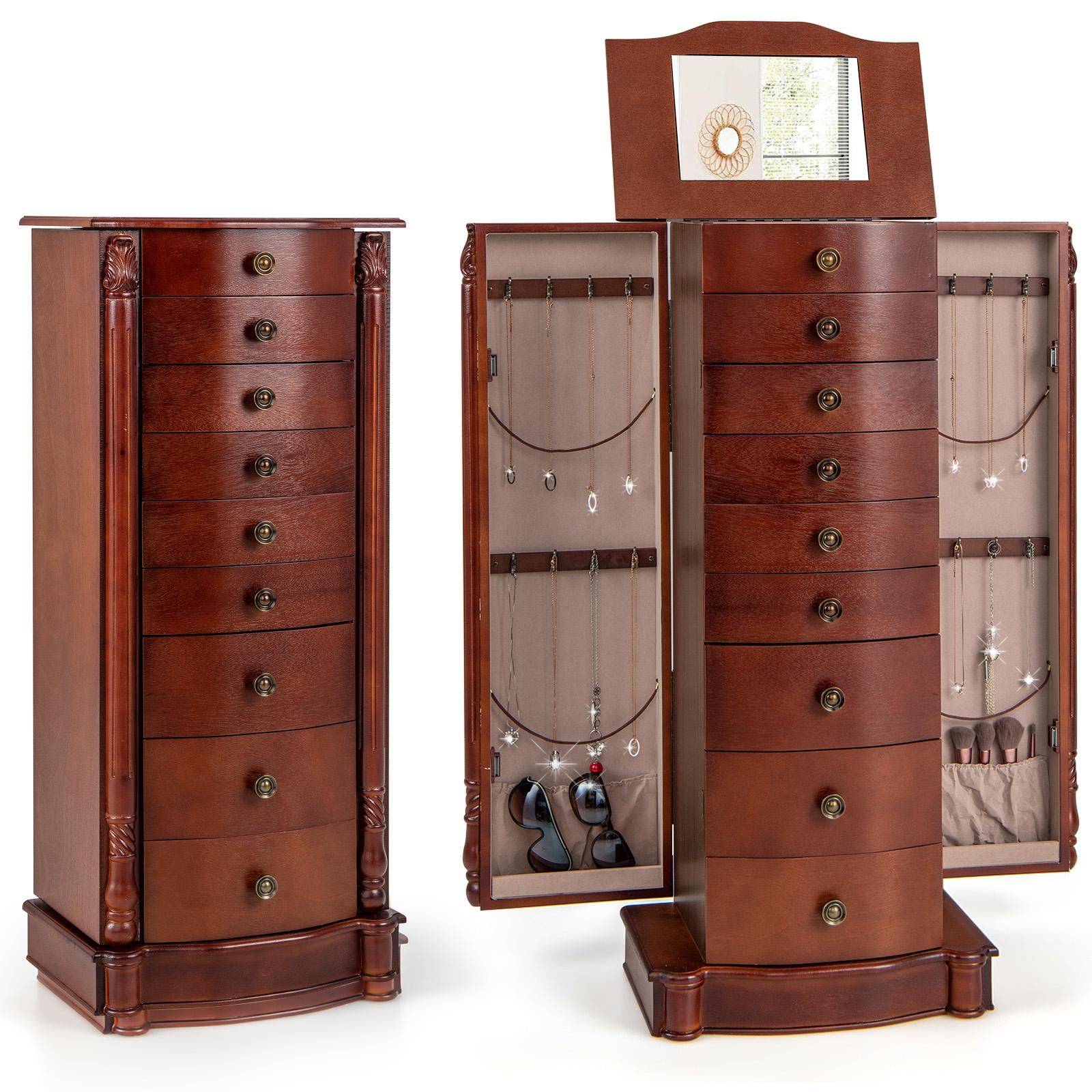 Giantex Large Capacity Jewelry Armoire with Flip Up Mirror and 8 Drawers Walnut Walmart