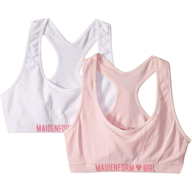 Maidenform Girl Girls' Seamless Racerback Sports Bra, 2 Pack, Light Parfait  Pink/Logo White, Medium 