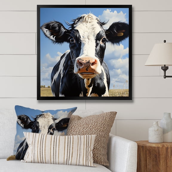 Designart "Black and White Cow Grazing II" Animals Framed Wall Art Decor - Modern Black Cow Hallway Framed Wall Art Decor