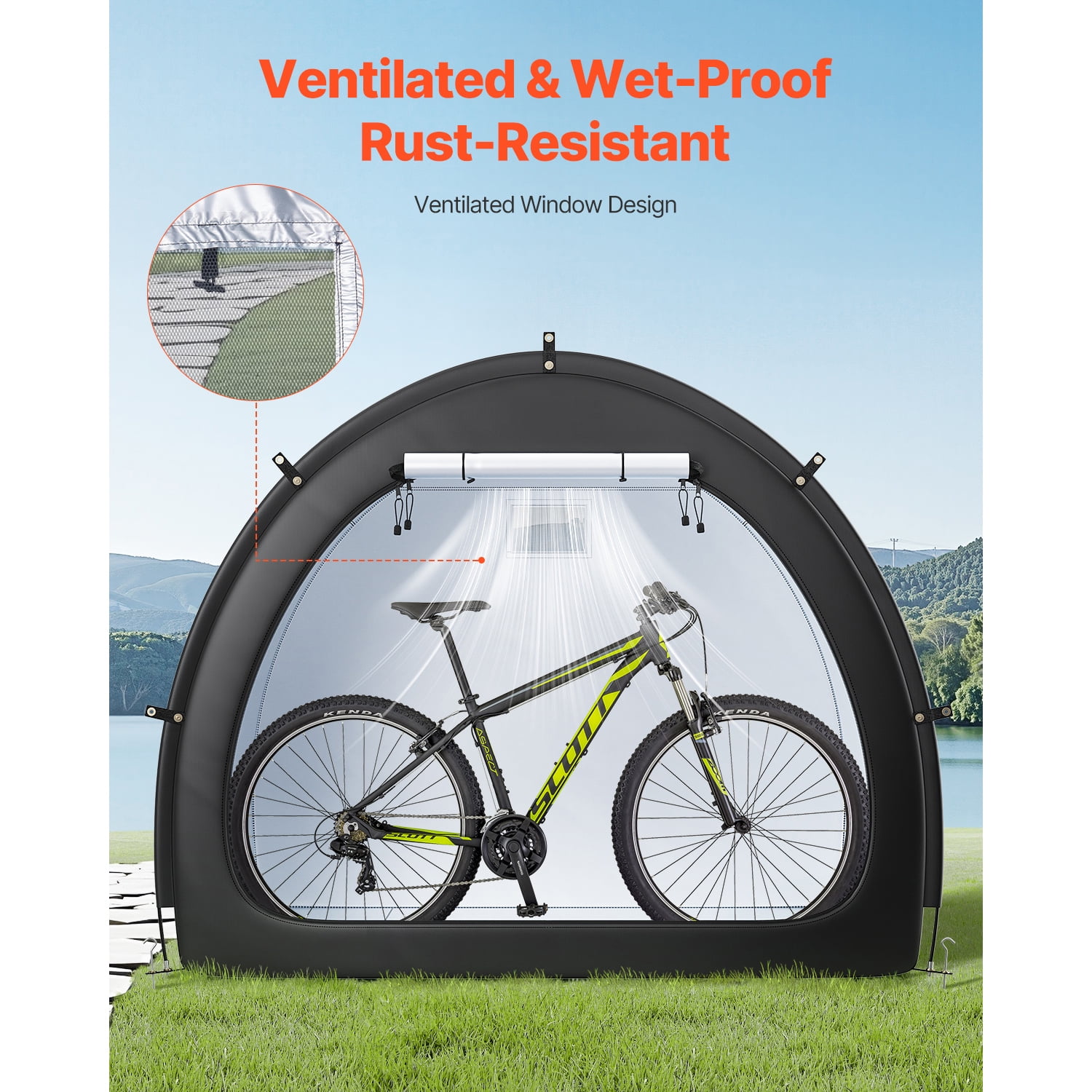 KFFKFF Outdoor Bike Shelter, Holds 4-5 Bicycles, Spacious Tent with Ventilation Window, Water-Resistant Fan-Shaped Design, Durable Fiberglass Frame & Double Zippers, Suitable for Bikes