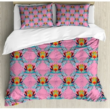 Lotus King Size Duvet Cover Set, The Flower of Prosperity in the Orient Sketch Illustration of Butterflies and Lotus, Decorative 3 Piece Bedding Set with 2 Pillow Shams, Multicolor, by Ambesonne