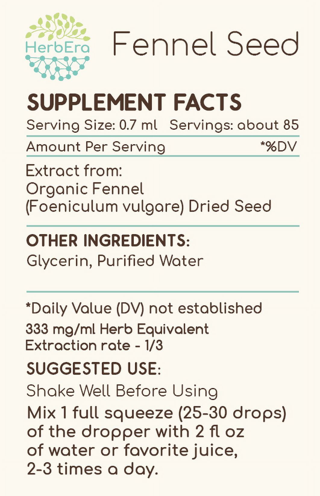 HerbEra Fennel Seed Tincture, Herbal Dietary Supplement for Digestive Support, Fennel (Foeniculum vulgare) Dried Seed Extract, Natural, Alcohol-Free, Drops 2 oz