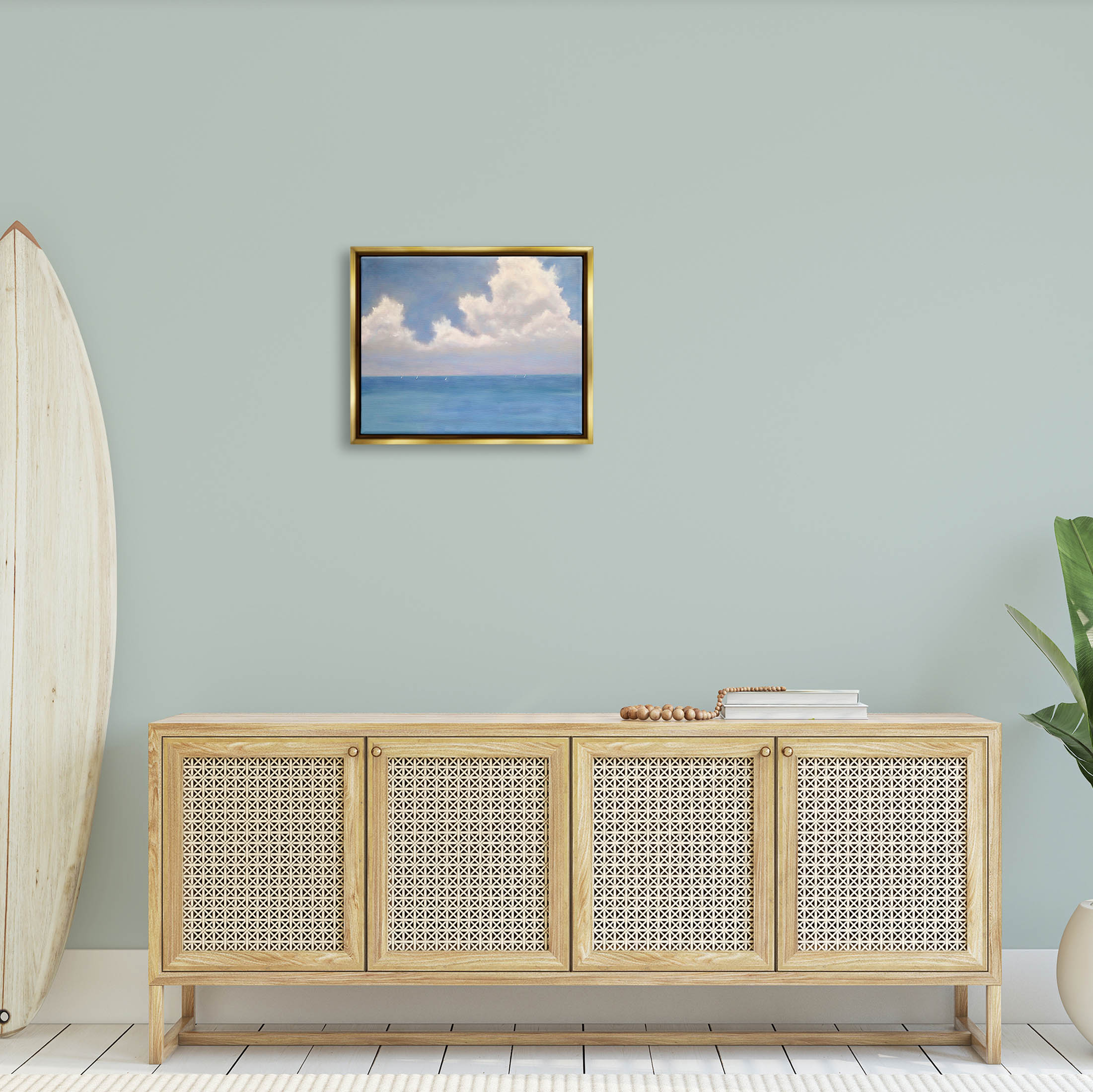 Stupell Industries Fluffy Clouds Deep Blue Ocean Waves Painting Metallic Gold Floating Framed Canvas Print Wall Art, Design by Catherine Andersen