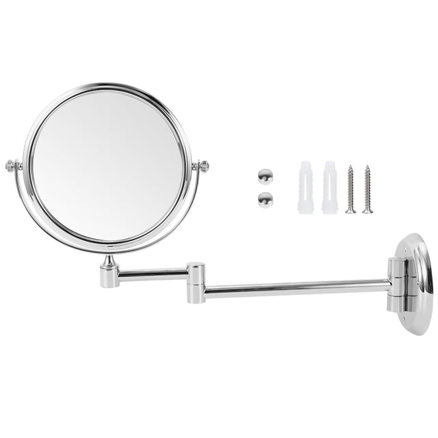 Espejo de maquillaje de cobre para baño, de pared, plegable, de doble cara (base redonda plateada brillante de 6 pulgadas)