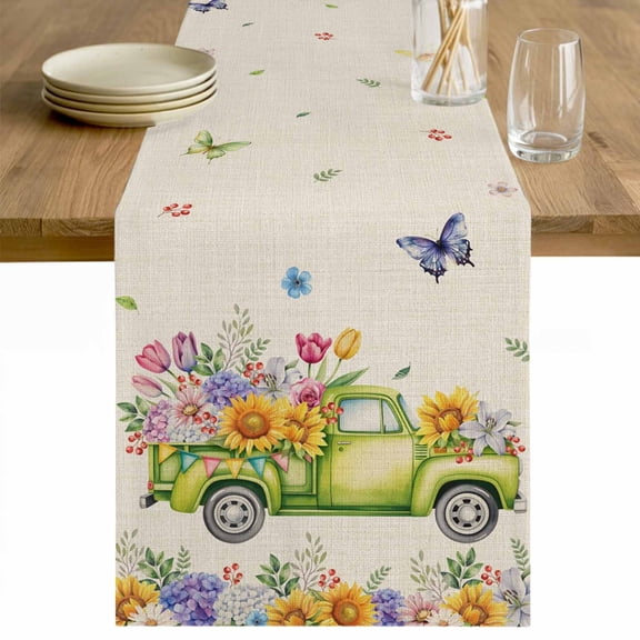 Spring Truck Floral Table Runner - 120 Inch Long Watercolor Garden Flowers Butterflies Beige Cotton and Linen Blended Dress Scarves Farmhouse Table Runner for Kitchen Dining, Coffee Table, 13" x 120"
