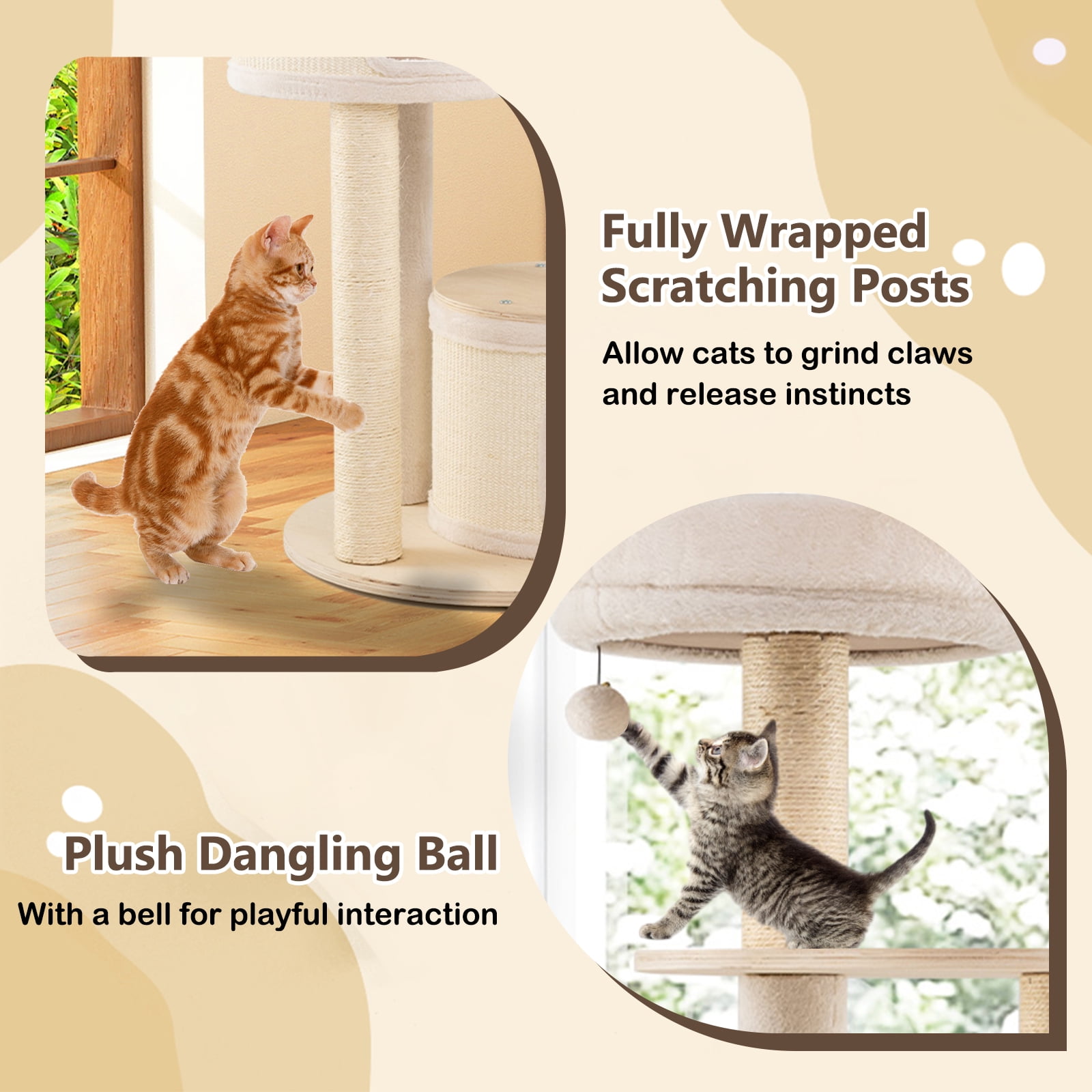 Gymax 60'' Tall Cat Tree Wooden Kitten Tower w/ Sisal Scratching Posts & Mat 2 Condos Perch Hammock