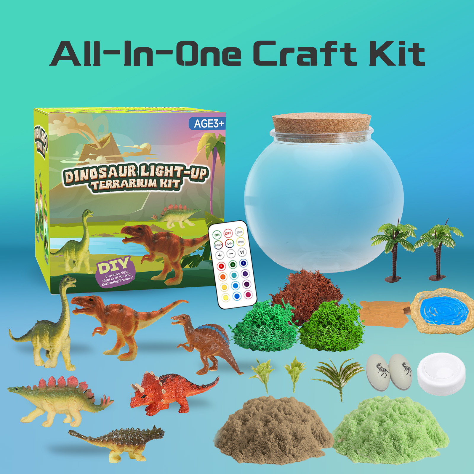 Dinosaur Light-Up Terrarium Kit for Kids- Multicolor LED Night Light Birthday Gifts - Dinosaur Toys for Boys Ages 4-6 7 8 9 10 Year Old - Kids Arts and Crafts Kit