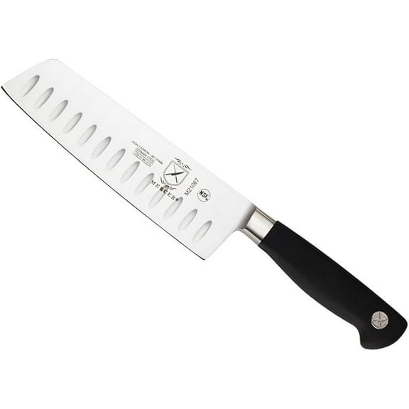 Mercer Culinary Genesis 7-Inch Granton Edge Nakiri Steel Vegetable Knife, Black