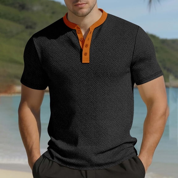 DayScoop Mens Solid Color T Shirt Short Sleeved T Shirt Summer Fashion Casual Round Neck Button Color Blocked Slim Top Tees