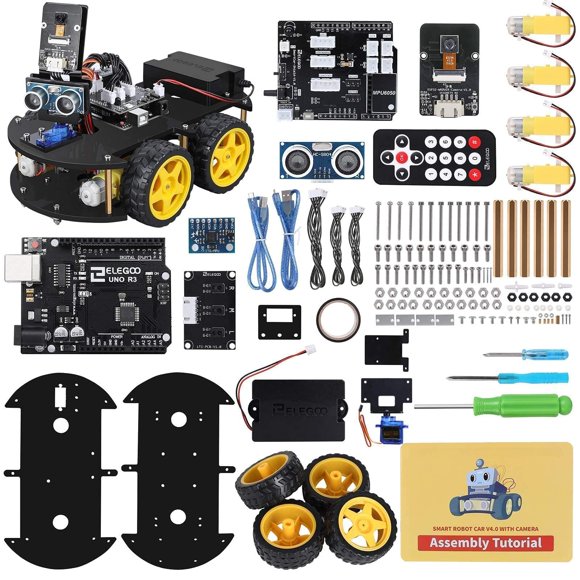 ELEGOO UNO R3 Project Kit de Robot Intelligent V4 avec UNO R3, Module de Suivi de Ligne, Capteur Ultrasonique, Télécommande IR, Etc. Kit Robotique Intelligent et Éducatif pour Apprenant Arduino