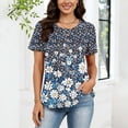 thumbnail image 2 of TaTaai Women's Summer Printed Top Short Sleeve Button Front Pleated Detail Round Neck Loose Fit Casual Blouse Soft Polyester Lightweight Daily Party Fashion Gift, 2 of 8