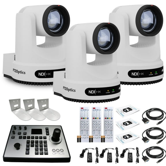 3 x PTZOptics Move 4K SDI/HDMI/USB/IP PTZ Camera with 12x Optical Zoom (White) (PT12X-4K-WH-G3) PTZOptics PT-JOY-G4 Joystick Controller 3 x Universal Wall Mount (White)