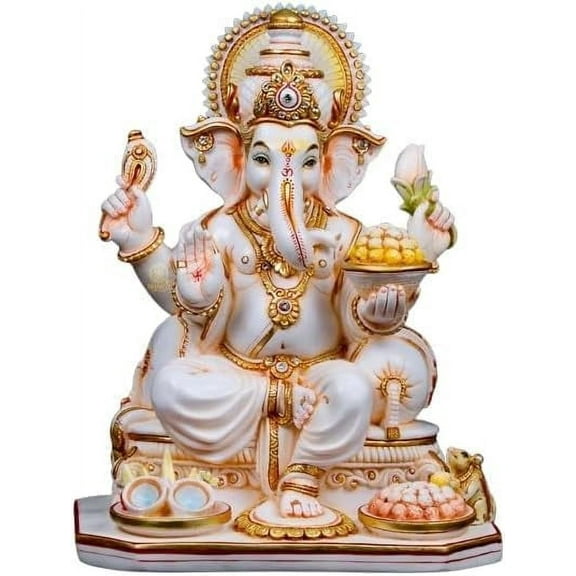 Lord Ganesh Statue 33 Cm Marble Hand Painted & Cultured Ganpati Statue Hindu Religious Figurine for Pooja Temple Worshiping God & Home Office Deco