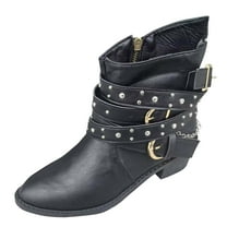 QQAMB Boots for Women Goth Leather Block Heel Ankle Boots Fashion Studded Ankle Strap Trim Punk Boots Winter Side Zipper Motorcycle Short Booties