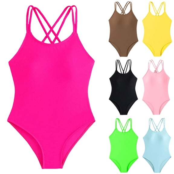 Girls Rash Guard Swimsuits Hot Beach Pool Bathing One Piece Swimsuit Solid Color Cross Back Swimwear for Kids