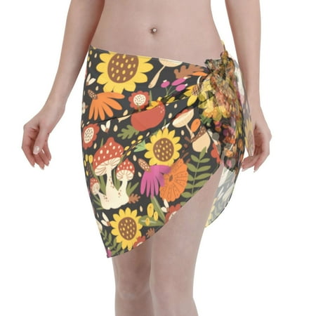 Adobk Women Beach Sarong Bathing Suit Sunflowers Mushrooms Print Wrap Skirt Sheer Bikini Swimsuit Cover Ups For Swimwear
