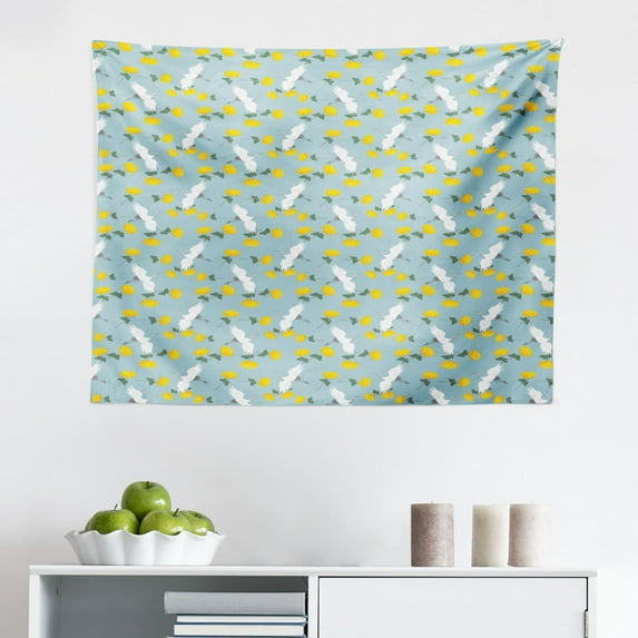 Yellow Bird Tapestry, Pastel Art Exotic Parrot Animals with Tropical Floral Botany, Fabric Wall Hanging Decor for Bedroom Living Room Dorm, 2 Sizes, Multicolor, by Ambesonne