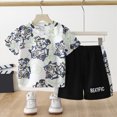 thumbnail image 2 of Toddler Baby Boys Vacation Outfit Cute Print Crew Neck T-Shirt Top with Elastic Waist Shorts Set 2 Piece, 2 of 6