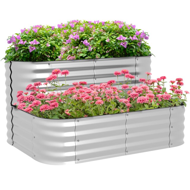 Outsunny 2-Tier Raised Garden Bed Galvanized Planter Box w/ Safety Edge